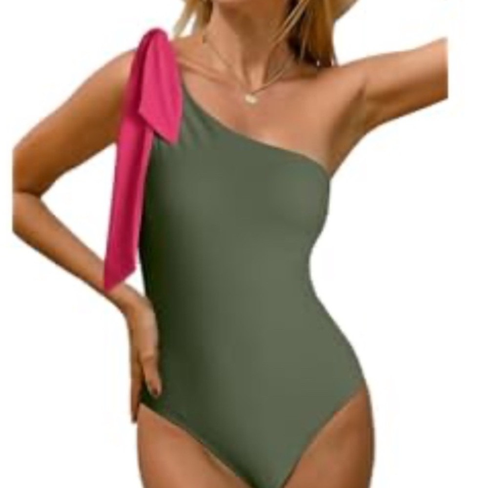 One-Shoulder Sage Green and Pink Bow Swimsuit